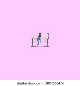 Happy man designer vector, it specialist is working on ipad at his workplace with notebook, books, table lamp, home plant at the table. Designer full of energy in workplace, employee with energy