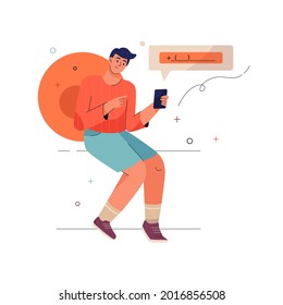 Happy man dials phone number or enters it when authorizing or registering account. Young guy holding smartphone and calling. Communication technology, security. Vector character illustration isolated