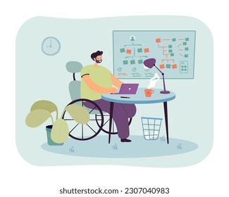 Happy Mann mit Behinderung arbeitet von zu Hause Vektorgrafik. Büroangestellte im Rollstuhltippen auf Laptop. Fernarbeit, Selbstständigkeit, flexibler Zeitplan, Diversitätskonzept