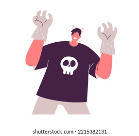 Happy Man Disguised For Halloween Holiday Carnival. Young Character Wearing Funny Gloves And Ears Of Wolf, Animal Costume For Helloween. Flat Vector Illustration Isolated On White Background