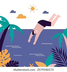 Happy man dives into water. Man in shorts swimming in water, sea or ocean, male character in swimwear. Tropical landscape. Young adult in swimsuit, summer sport outdoors activity. vector illustration