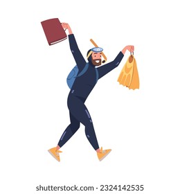 Happy man in diving suit running with suitcase. Tourist going on summer vacation trip cartoon vector illustration