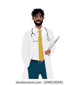 Happy Man Doctor or Physician in Uniform Standing with Clipboard and Stethoscope. Flat Vector Illustration Isolated on White Background