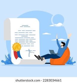 happy man and document with wafer seal and ribbon. Online professional certificate program concept, postgraduate diploma. Website certification concept. trusted source for education. flat vector.