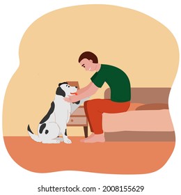 Happy man with dog. Cartoon male character sitting on bed and looking at pet touching his knees. Stress, sadness, trouble, animal, pet, support concept flat vector illustration on white background.