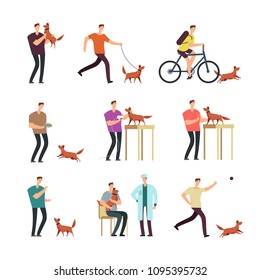 Happy man with dog in daily routine. People and cute lovely pets cartoon vector characters isolated. Lifestyle activity everyday stroll with pet illustration