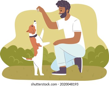 Hombre feliz con perro en un parque. Perro haciendo trucos. El tipo está entrenando a su mascota al aire libre. Ilustración plana vectorial dibujada a mano.