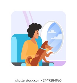 Happy man and dog travel together looking out airplane window vector illustration