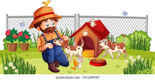 Happy Man With Dog At The Yard Illustration