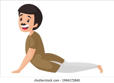 Happy man is doing bhujangasana yoga poses. Vector graphic illustration. Individually on a white background.