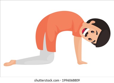 Happy man is doing cat yoga poses. Vector graphic illustration. Individually on a white background.