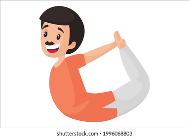 Happy man is doing dhanurasana yoga poses. Vector graphic illustration. Individually on a white background.