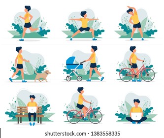 Happy man doing different outdoor activities: running, dog walking, yoga, exercising, sport, cycling, walking with baby carriage. Vector illustration in flat style, healthy lifestyle concept.