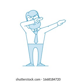 Happy man doing a dub dance move. Character - a man in glasses and with beard. Office worker in a shirt with a tie. Illustration in line art style. Vector