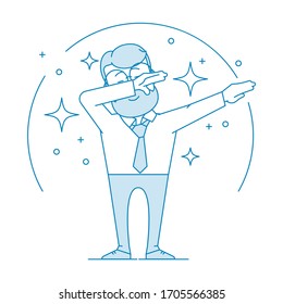 Happy man doing a dub dance move. Character - a man in glasses and with beard. Office worker in a shirt with a tie. Illustration in line art style. Vector