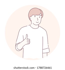 Happy man doing gestures with thumbs up. Very good, success concept. Hand drawn character style vector.