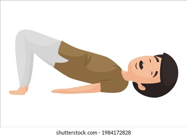 Happy man is doing matsyasana yoga poses. Vector graphic illustration. Individually on a white background.