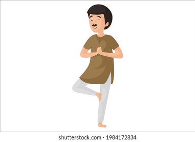 Happy man is doing tree vrksasanayoga poses. Vector graphic illustration. Individually on a white background.