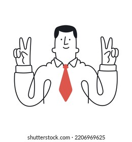 Happy man doing victory sign. Outline, linear, thin line, doodle art. Simple style with editable stroke.