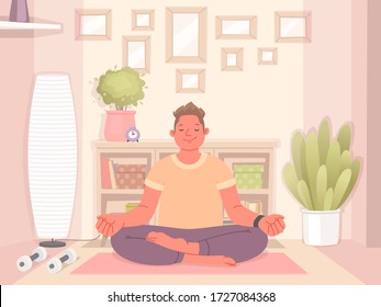 Happy man doing yoga at home. Meditation and healthy lifestyle during quarantine. Vector illustration in a flat style