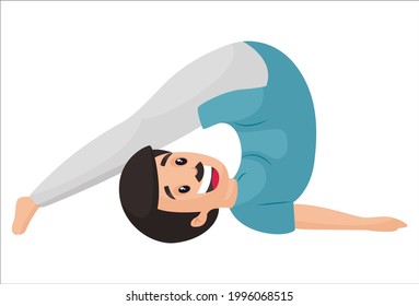 Happy man is doing yoga poses. Vector graphic illustration. Individually on a white background.
