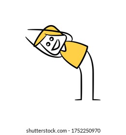 happy man doing yoga, yellow stick figure theme	