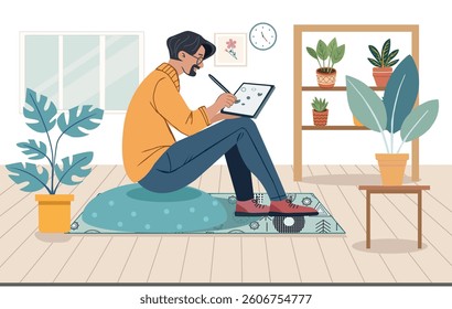 happy man drawing on tablet sitting on floor in living room flat illustration