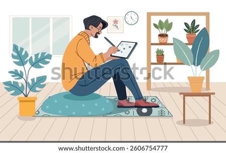 happy man drawing on tablet sitting on floor in living room flat illustration