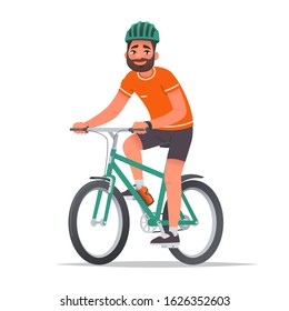 Happy man dressed in sportswear and a helmet rides a bicycle. Bike ride. Cyclist. Leisure and Active holiday. Vector illustration in cartoon style