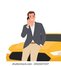 Happy man dressed in a suit next to the car. The seller or the owner of a new machine. Sit or Lay on the sports car while calling or holding a phone.Flat vector illustration.