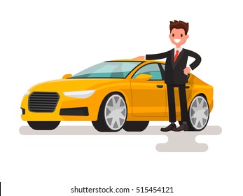 Happy Man Dressed In A Suit Next To The Car. The Seller Or The Owner Of A New Machine. Vector Illustration In A Flat Style