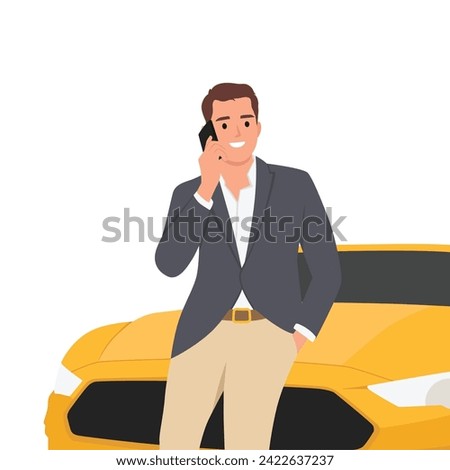 Happy man dressed in a suit next to the car. The seller or the owner of a new machine. Sit or Lay on the sports car while calling or holding a phone.Flat vector illustration.