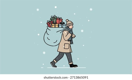 A happy man dressed in warm winter clothes (coat, hat, scarf) walking through the falling snow while carrying an oversized sack full of wrapped Christmas gifts on his back. Flat line art vector illust