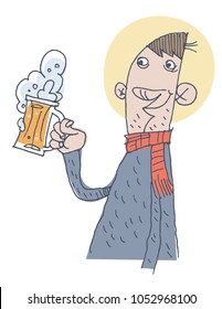 Happy Man Drinking Beer. Comic Character. Vector illustration