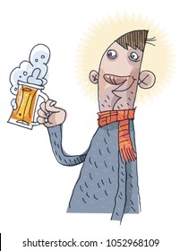 Happy Man Drinking Beer. Comic Character. Vector illustration