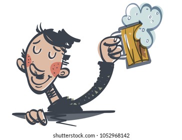 Happy Man Drinking Beer. Comic Character. Vector illustration