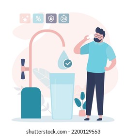 Hombre feliz bebiendo agua limpia del grifo, filtro líquido purificador. Beber agua en vidrio. Estilo de vida saludable. Agua pura, corriente potable. Ilustración vectorial plana