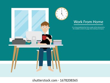 Feliz hombre tomando café y trabajando con la computadora en la mesa. Trabajo desde el concepto de casa. Se puede utilizar para mostrar el texto. Ilustración vectorial.