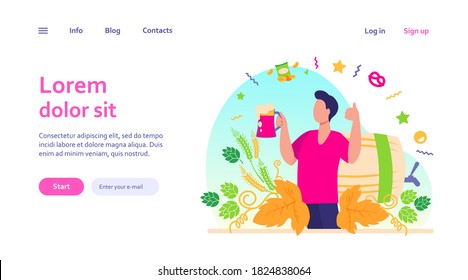 Happy man drinking cold beer with snacks flat vector illustration. Young guy holding big glass with alcohol and cheers. Drink and weekend concept
