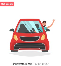 Happy man is driving a car color flat illustration