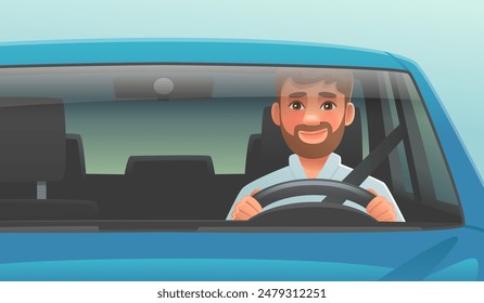 Happy man driving a car. The driver is driving a vehicle. Vector illustration in cartoon style