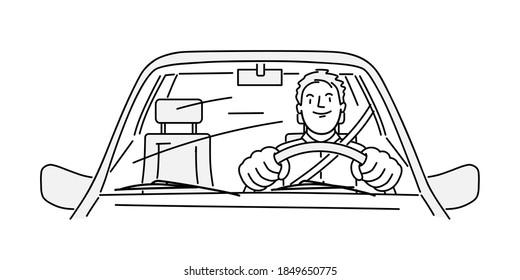 Happy man driving a car. Hand drawn vector illustration.