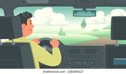 Happy man driving a car rear view. Trip out of town or on business. Vector illustration in flat style