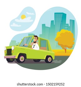 Happy Man Driving Classic Serviceable Car Illustration. Vector City Transportation Traffic. Flat Urban Cityscape Backdrop. Male Character Riding Green Sedan Retro Automobile. Citizen Life