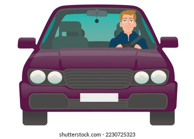 Happy man driving a Purple car. Sedan driver. Vector illustration in cartoon style