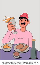 A happy man eating and drinking at the table. Flat vector illustration. Dining and celebration concept. Vector Illustration	