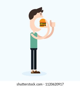 Happy man eating hamburger flat design, vector illustration