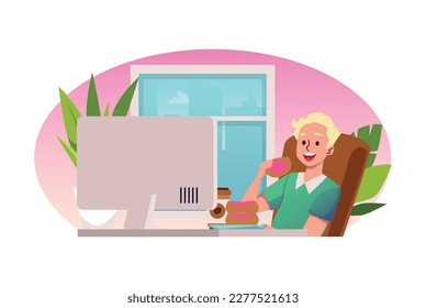Happy man eats donuts and drinks coffee during lunch in front of computer, flat vector illustration isolated on white. Concept of bad habit of eating sweet snacks during work.