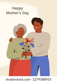 Un hombre feliz abraza a su madre madura con amor y cuidado. Tarjeta de saludo para el día de la madre con la anciana con su hijo adulto. Ilustración vectorial festiva con texto.