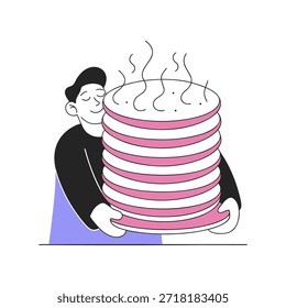 Hombre feliz abrazando una pila gigante de tortitas humeantes. Ilustración de doodle minimalista.